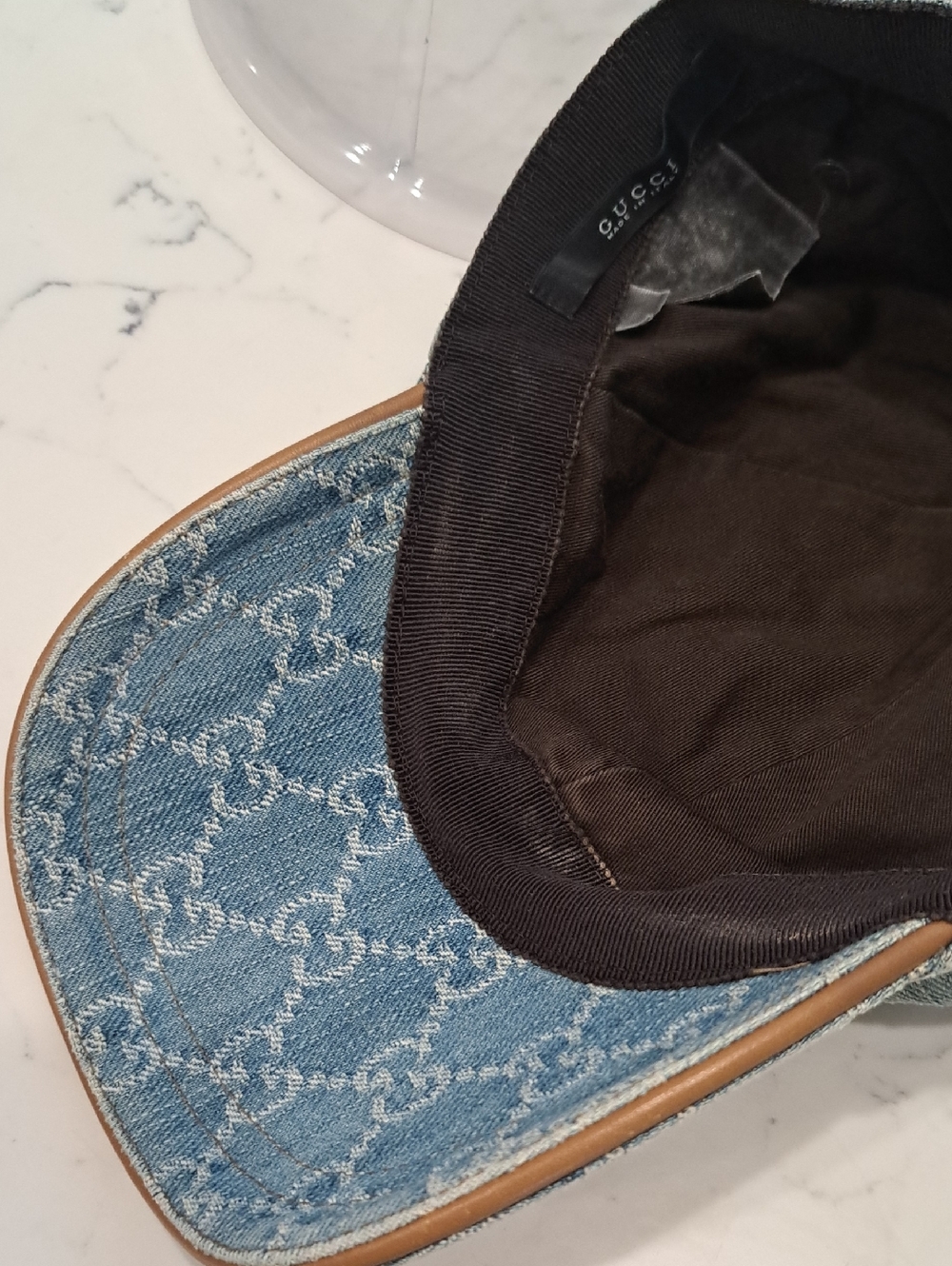 Gucci Light Blue Denim Monogram Baseball Cap with Leather Trim